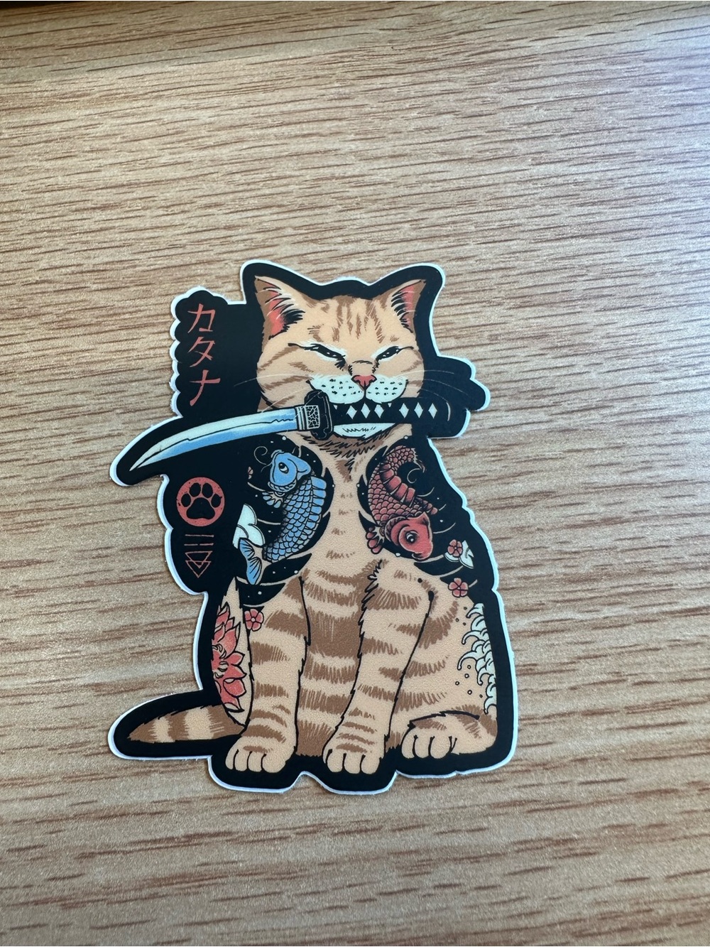Katana Cat Decorative Sticker - Orange Tabby Japanese Tattoo Design Vinyl Kawaii